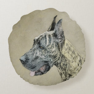 Grand Danois (Tigerrandig) Målning - Original Hund Rund Kudde