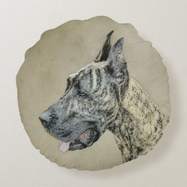 Grand Danois (Tigerrandig) Målning - Original Hund Rund Kudde (Baksidan)
