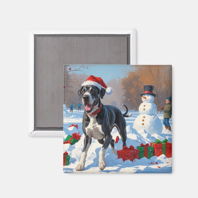 Grand Dansk Stående i Snö med Julhatt Magnet (Front/Back)