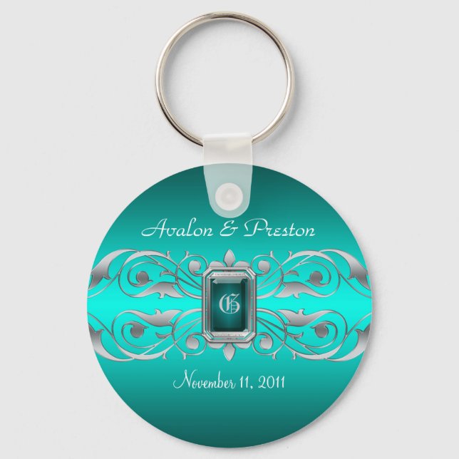 Grand Duchess Silver Monogram Teal Keychain Nyckelring (Framsida)