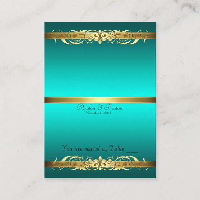 Grand Duchess Teal & Guld Rulla Bord Placecard Placeringskort (Framsida)