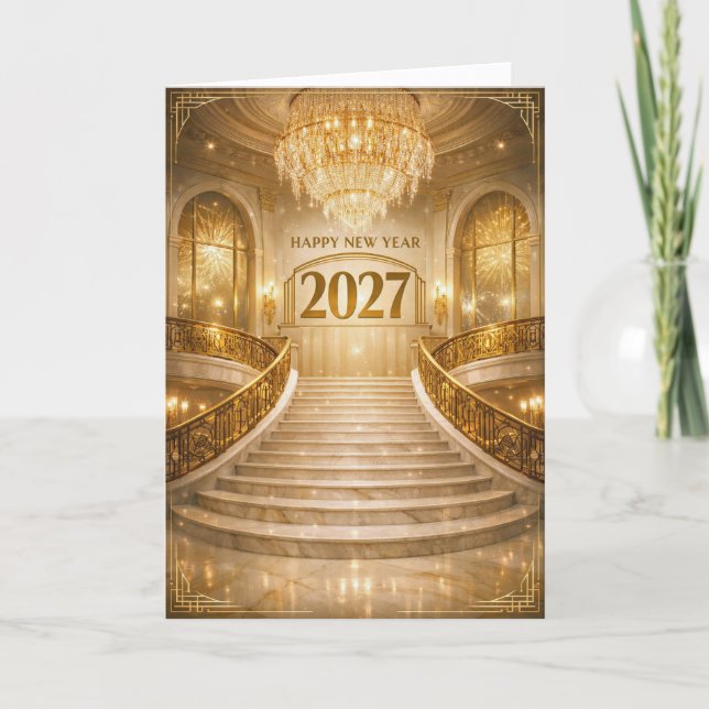 Grand Gold Art Deco Staircase New Year 2027 Helgkort (Framsida)