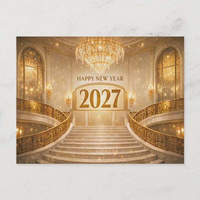 Grand Gold Art Deco Trappa Nyår 2027 Helg Vykort (Framsida)