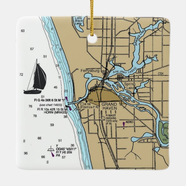Grand Haven MI Nautical Diagram Julgransprydnad Keramik (Baksida)