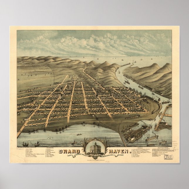 Grand Haven Michigan 1874 Antique Panoramic Karta Poster (Framsidan)