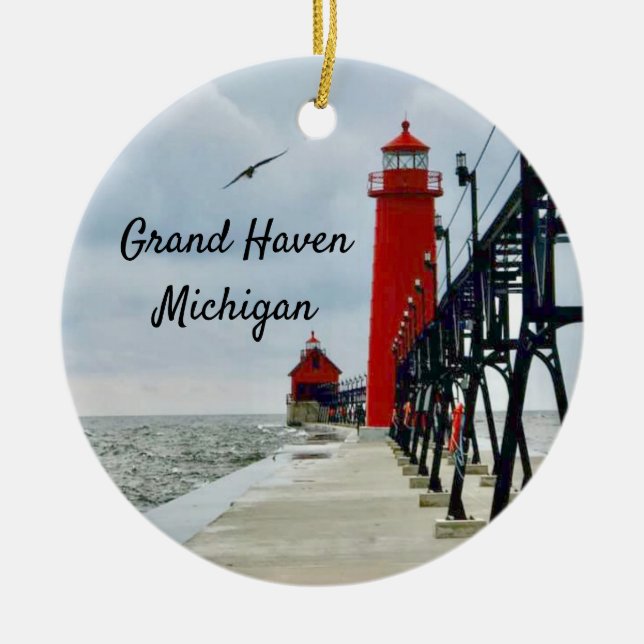 Grand Haven Michigan fyr Julgransprydnad Keramik (Framsidan)