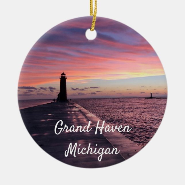 Grand Haven Michigan Lighthouse Julgransprydnad Keramik (Framsidan)