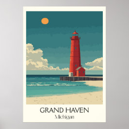 Grand Haven Michigan Vintage Lighthouse Beach Art Poster