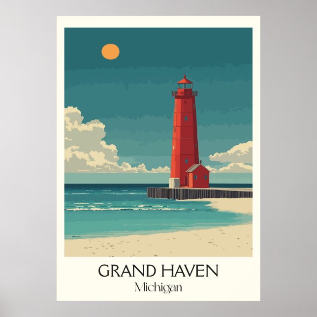 Grand Haven Michigan Vintage Lighthouse Beach Art Poster (Framsidan)