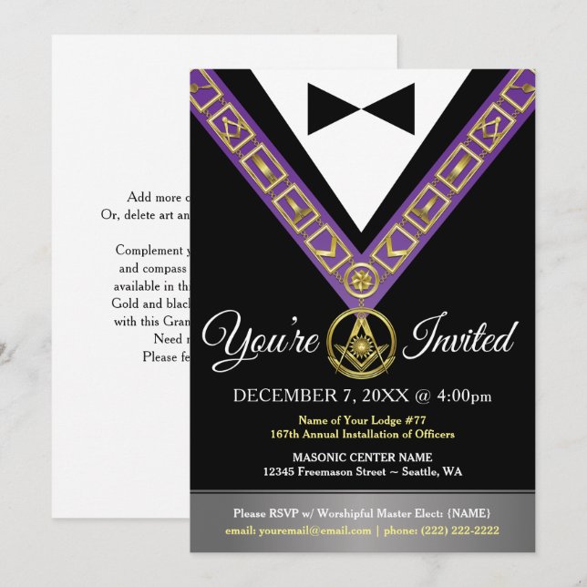 Grand Lodge Masonic-inbjudan | Lila och Guld Inbjudningar (Fram/baksida)