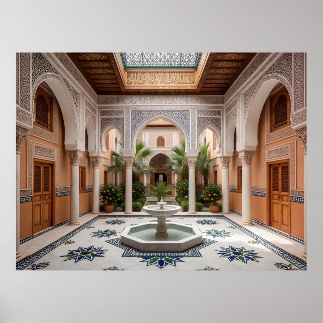 Grand Moroccan Riad Courtyard with Marble Fountain Poster (Framsidan)