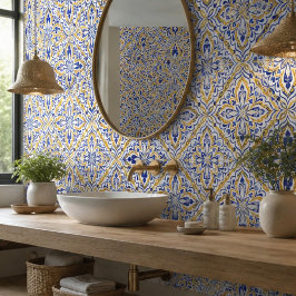 Grand Mosaic Blue and Gold Floral Mediterranean Kakelplatta