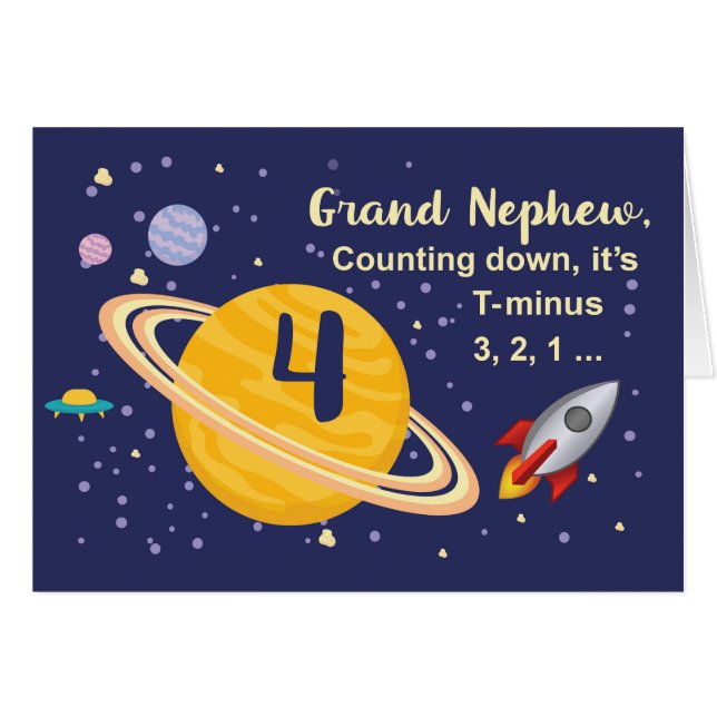 Grand Nephew 4e födelsedagen Planets i Rymden Hälsningskort (Framsidan Horizontal)