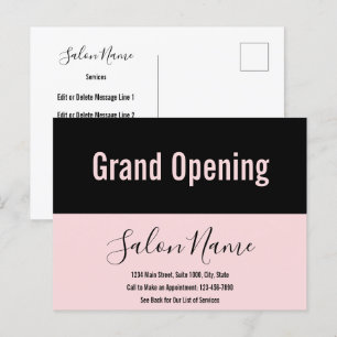 Grand Open Blek Rosa Black Script Beauty Salon Vykort