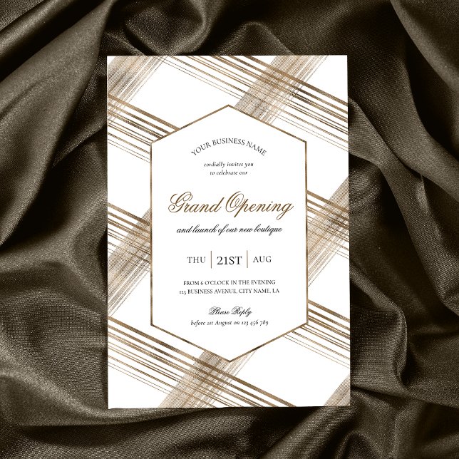 Grand Open Event White & Guld Elegant Corporate Inbjudningar (Elegant gold effect business grand opening event invitations with calligraphy fonts & modern layout)