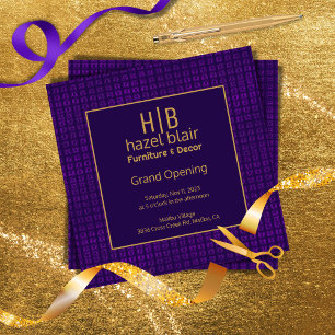 Grand Open Lila och Guld Monogrammed Business Inbjudningar