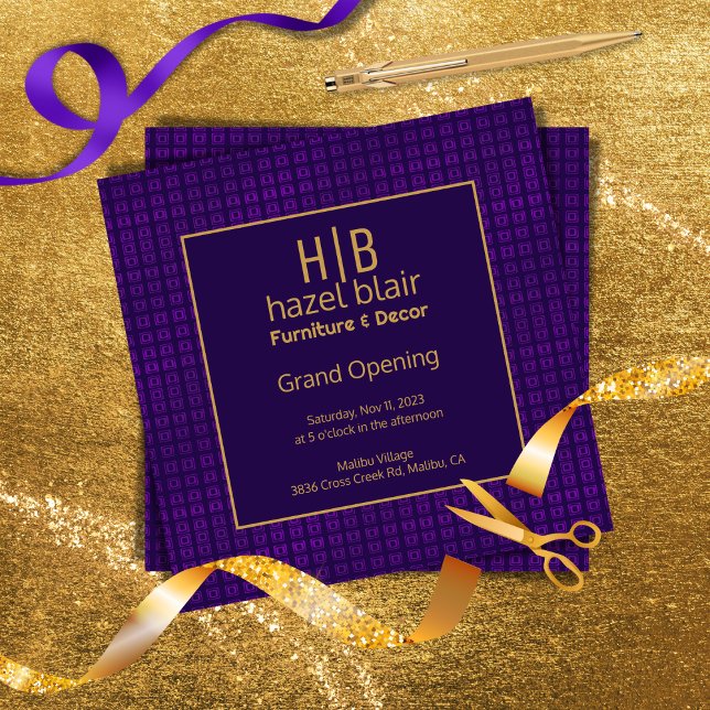 Grand Open Lila och Guld Monogrammed Business Inbjudningar (Skapare uppladdad)