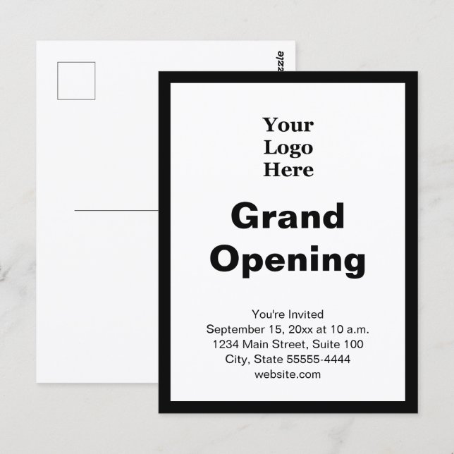 Grand Opening Business Logo Black White Invitation Vykort (Fram/baksida)