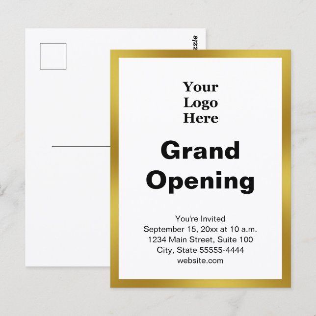 Grand Opening Business Logo Gold White Invitation Vykort (Fram/baksida)