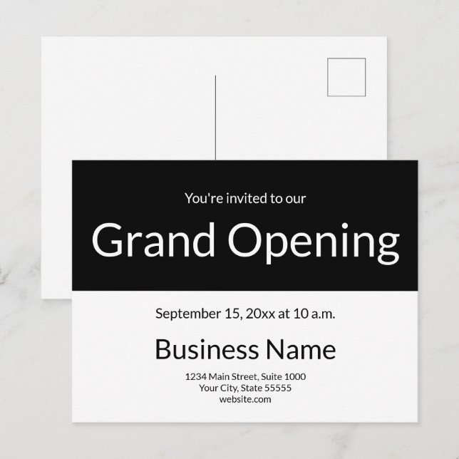 Grand Opening Invitation Business Black and White Vykort (Fram/baksida)