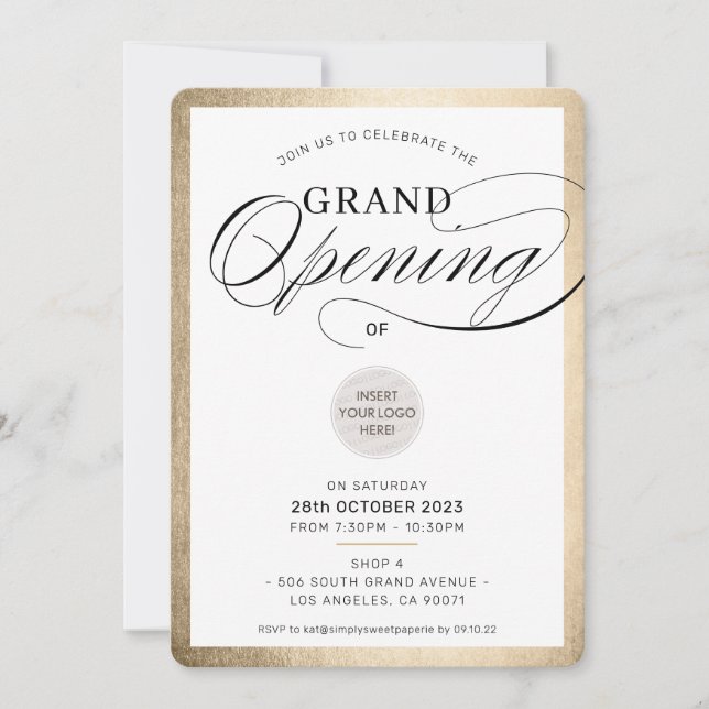 GRAND OPENING modern business event black guld Inbjudningar (Framsida)