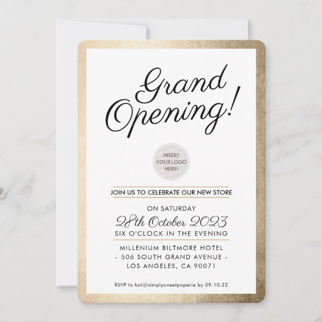 GRAND OPENING PARTY moderna affärsverksamhet guld Inbjudningar (Framsida)