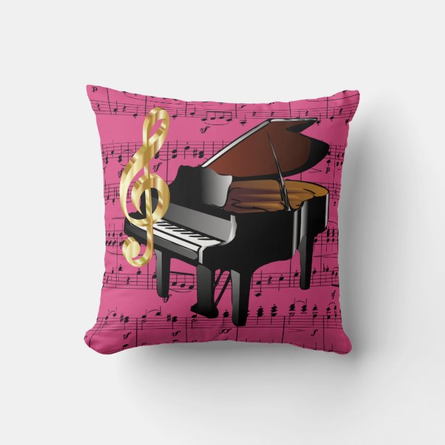 Grand Piano Guld Treble Clef Fuchsia Lakan Music Kudde (Framsida)
