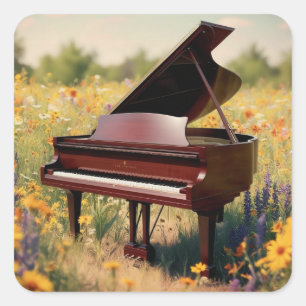 Grand Piano i Blommigten Fält Fyrkantigt Klistermärke