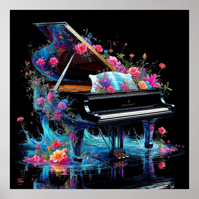 Grand Piano med konstnärlig Blommigt Poster (Framsidan)