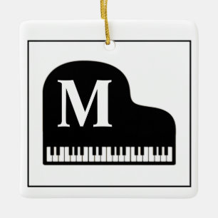 Grand Piano Monogram Pianist Black and White Julgransprydnad Keramik