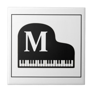 Grand Piano Monogram Pianist Black and White Kakelplatta