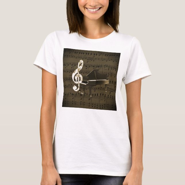 Grand Piano Treble Clef Bronze Lakan Music Tee (Framsida)