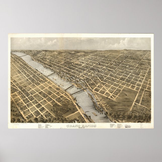Grand Rapids Michigan 1868 Antique Panoramic Karta Poster (Framsidan)