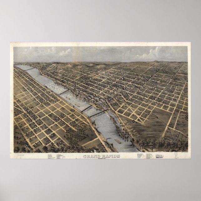 Grand Rapids Michigan 1868 Antique Panoramic Karta Poster (Framsidan)