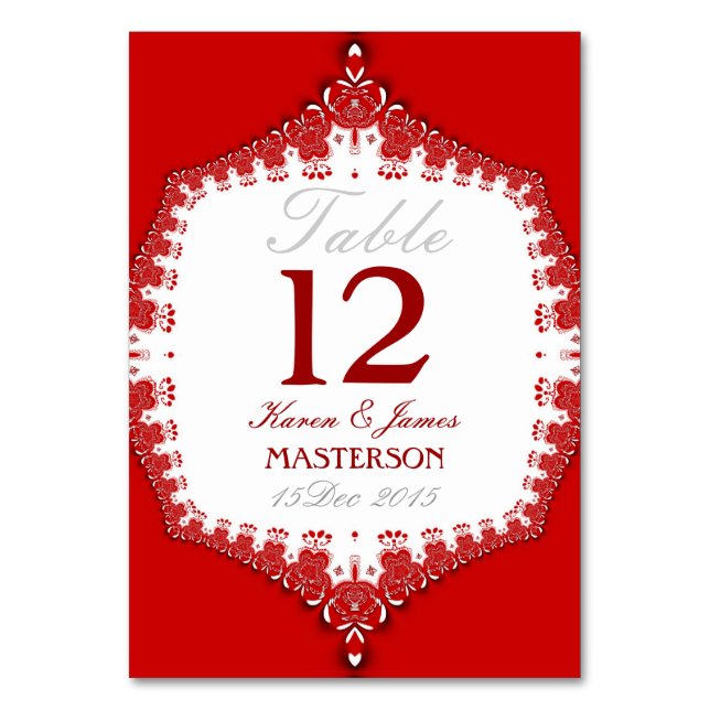 Grand Red+White Snöre Bröllop-Bordsnummer-kort Bordsnummer (Framsidan)
