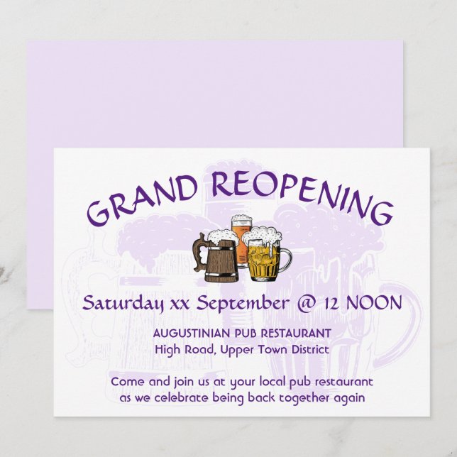 GRAND REOPENENING Pub Reunion Anpassade LILAC Inbjudningar (Fram/baksida)