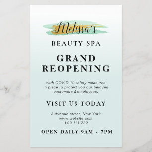 GRAND REOPENING   Blåskönhetsområden i trendig gul Flygblad
