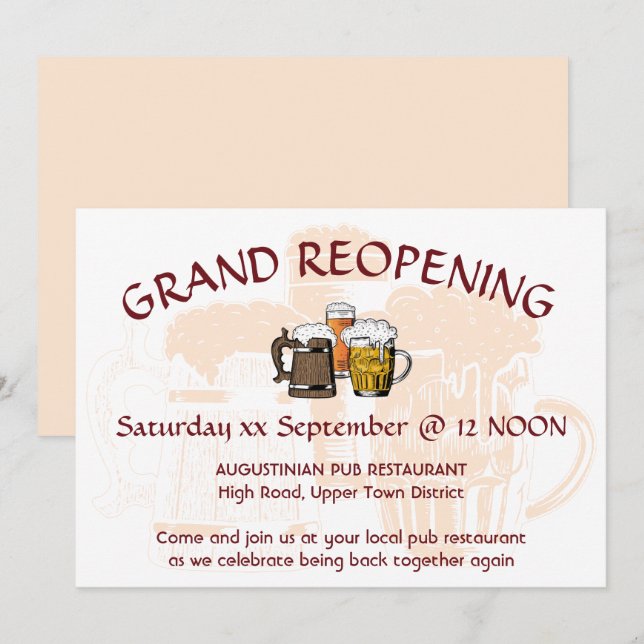 GRAND REOPENING Pub Reunion Anpassade  Inbjudningar (Fram/baksida)