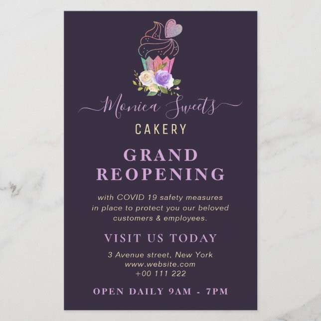 GRAND REOPENING | trendig lila cakery business Flygblad (Framsidan)
