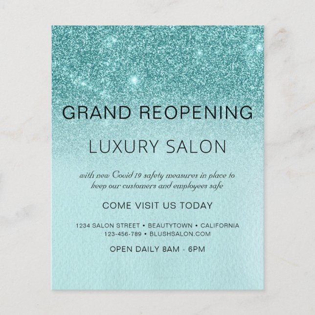 Grand Reöppning Teal Blue Aqua Glitter Salon Flygblad (Framsidan)