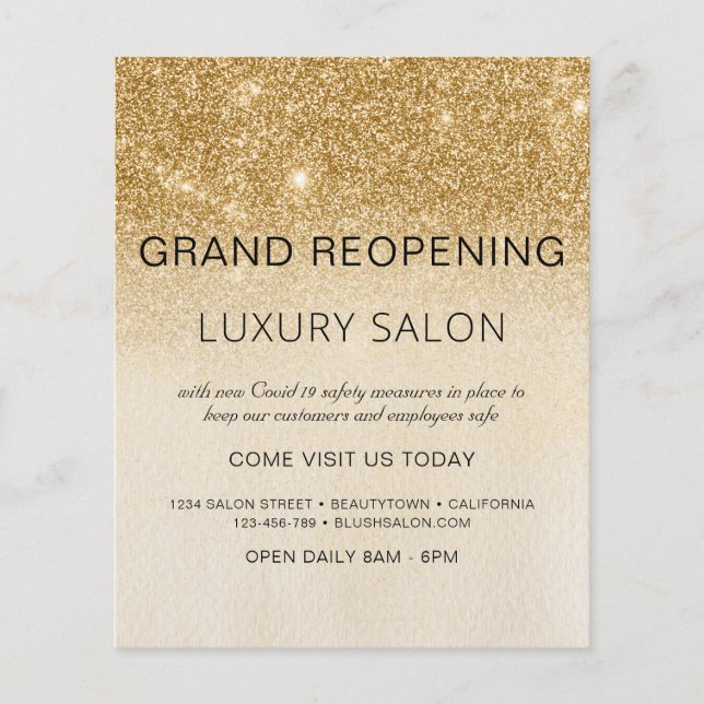 Grand Reöppon Guld Glam Glitter Salon Flygblad (Framsidan)