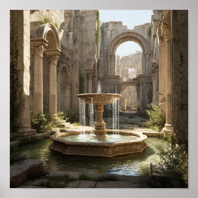 Grand Roman Ruin Courtyard med Ornate Fontän Poster (Framsidan)
