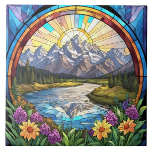 Grand Teton Mountains Faux Stached Glass Mountain Kakelplatta