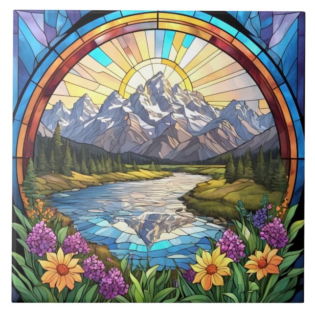Grand Teton Mountains Faux Stached Glass Mountain Kakelplatta (Framsidan)