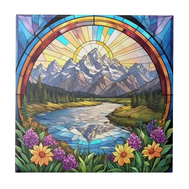 Grand Teton Mountains Faux Stached Glass Mountain Kakelplatta (Framsidan)