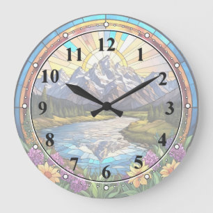 Grand Teton Mountains Faux Stached Glass Mountain Stor Klocka