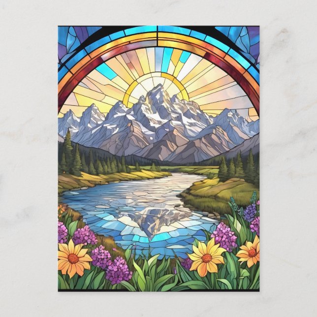 Grand Teton Mountains Faux Stached Glass Mountain Vykort (Framsida)