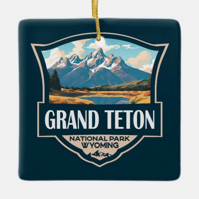 Grand Teton National Park Illustration Retro Julgransprydnad Keramik (Framsida)