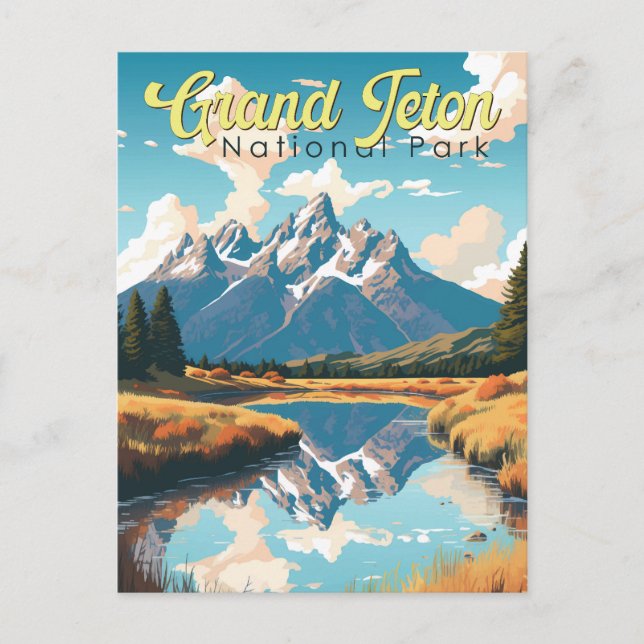 Grand Teton National Park Illustration Retro Vykort (Framsida)