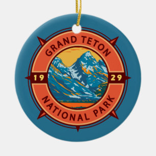 Grand Teton National Park Retro Compass Emblem Julgransprydnad Keramik
